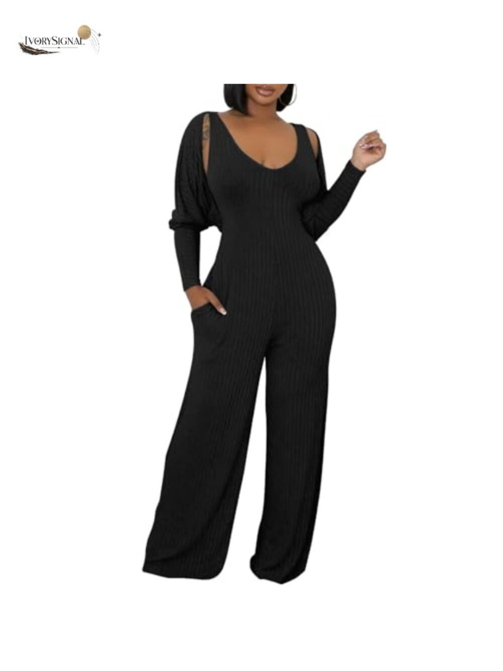 Women's 2 Piece Ribbed Knit Wide Leg Jumpsuit with Cardigan